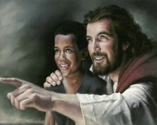 Catholic print picture- JESUS WITH BLACK TEEN -   8" x 10" ready to be framed