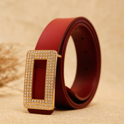 Women Faux Leather Square Buckle Rhinestone Belt for Dress 