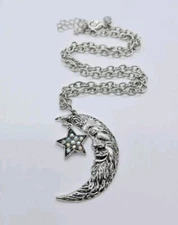 Kirks Folly Cresent Moon Silver tone Moon & Stars Necklace & Pendant 23" Crystal