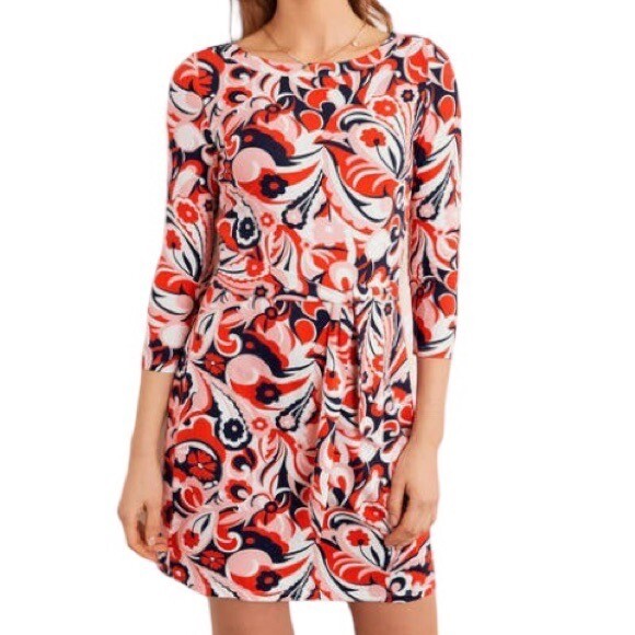 Boden SYLVIA Sz 6P Petite Tie Waist Jersey Dress Red Floral Print 3/4 Sleeve