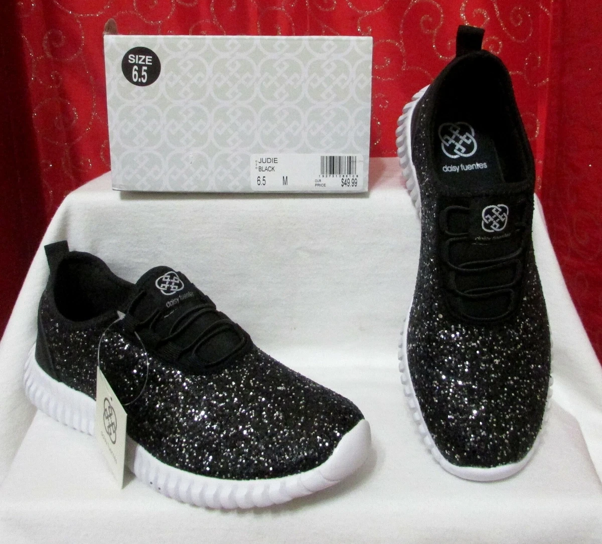 NEW DAISY FUENTES JUDIE SZ 6.5 BLK SILVER GLITTER SNEAKER SHOES W