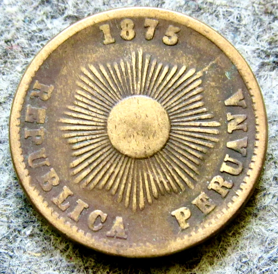 PERU 1875 UN CENTAVO, Cornucopia & Radiant Flower Bronze km# 187.1a - Image 2 of 4
