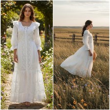 LoveShackFancy White Eyelet Cotton Embroidered Button-Up Maxi Praire Dress LARGE