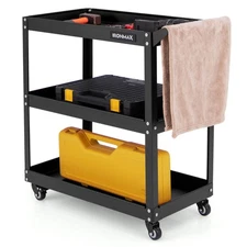3-Tier Rolling Heavy-Duty Metal Tool Cart w/ 4 Universal Wheels with 2 Brakes