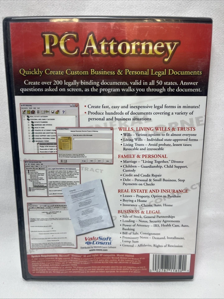 PC ATTORNEY - CREATE OVER 200 LEGAL DOCUMENTS PC CD-ROM SOFTWARE, WIN 98/XP NEW - Image 2 of 2