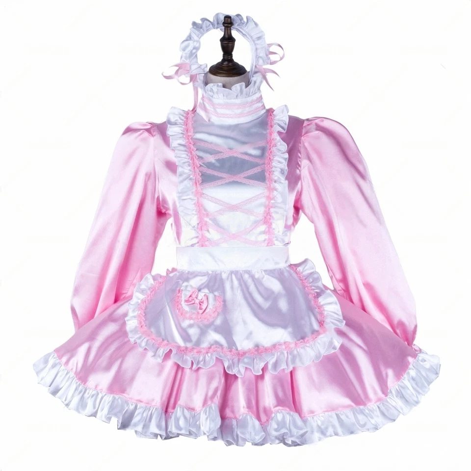 Vestido de criada francesa Sissy bloqueable rosa satinado disfraces de cosplay hecho a medida Foto 2 de 4