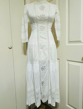 Antique Edwardian A+ cond. White Cotton Lawn Tea Dress Crochet Medallion  xsmall