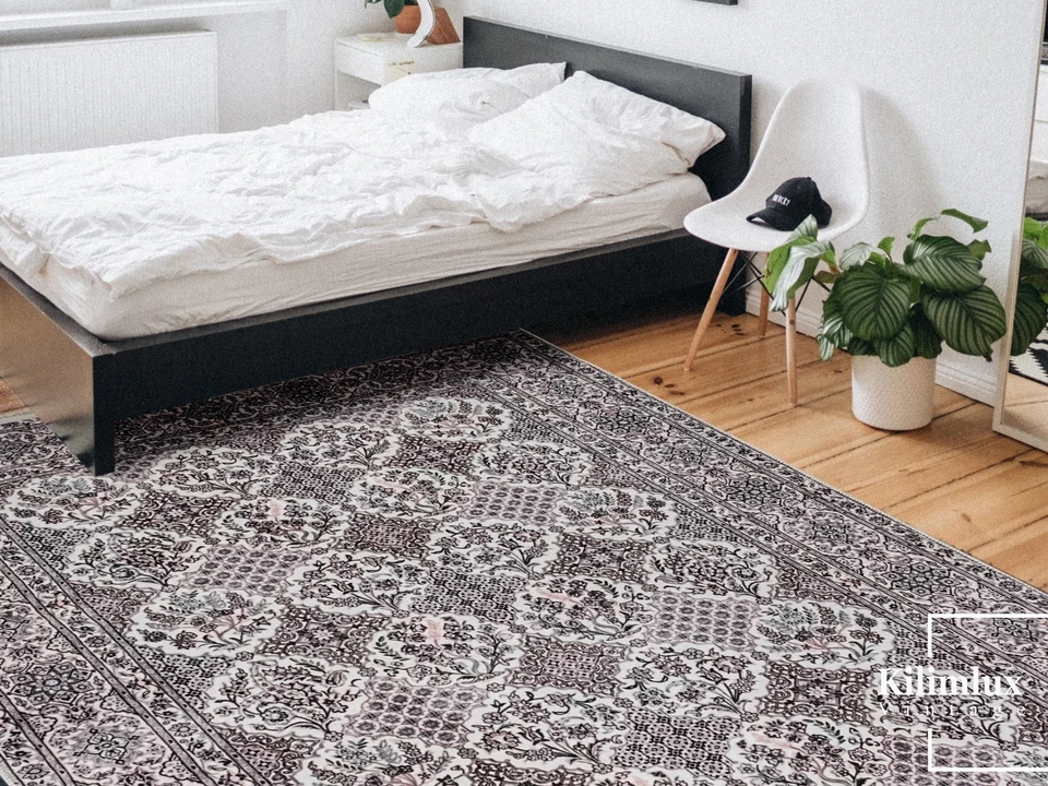 Alfombra estilo turco 5x8 - Borgoña y crema floral para sala de estar Foto 4 de 4