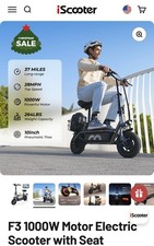 Iscooter F3 1000W Foldable Electric Scooter 48V13AH Commute 28MPH W/Seat 10" US