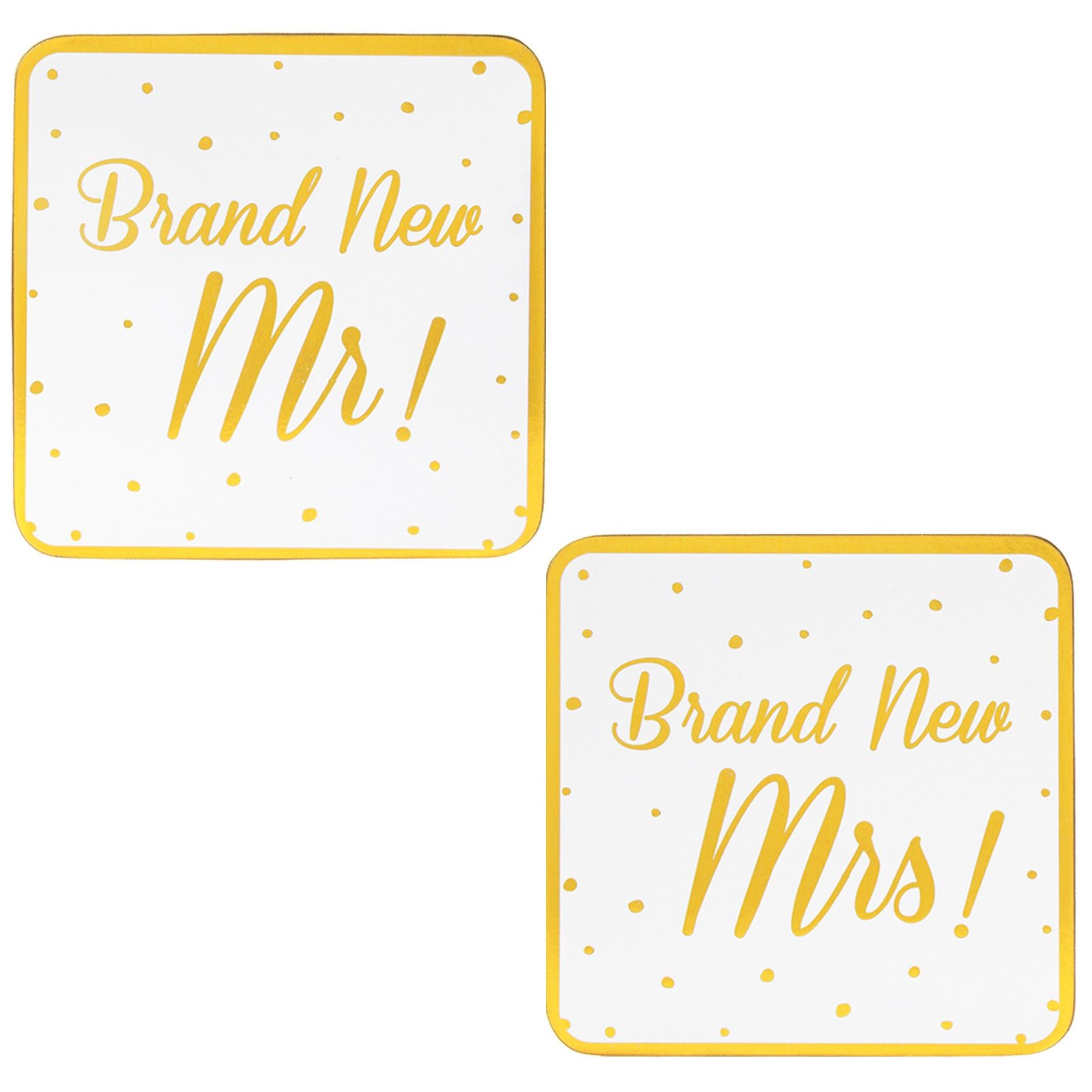 White / Gold Set of 2 Tableware Cork Backed Coasters - Brand New Mr / Mrs
