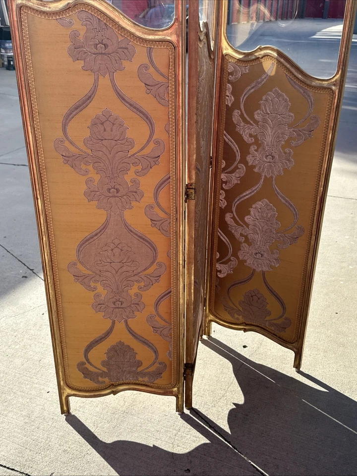 Vintage French Tapestry 3 Panel Room Carved Wood Divider/Screen Glass Window - Image 4 of 4