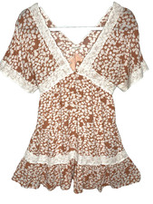 BAEVELY Mini Dress Babydoll Floral Lace Short Sleeves V-Neck Women S Peach Cream