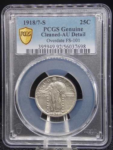 US 1918/7 -S SAN FRANCISCO STANDING LIBERTY SILVER QUARTER SLAB PCGS AU DETAILS