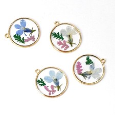 C 8PCS Gold Tone Dried Pressed Flower Resin Round 25mm Charm Pendant GYX2408