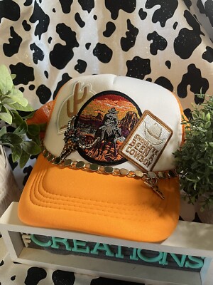 Should've Been A Cowboy Trucker Hat/Baseball Cap Orange/Gold/Bull Skull/Cactus