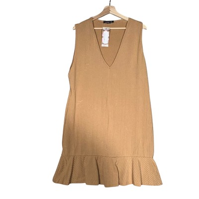 Boohoo Mini Dress Womens Sz 1X Brown Jumbo Rib Frill Hem Plunge Neck Pullover