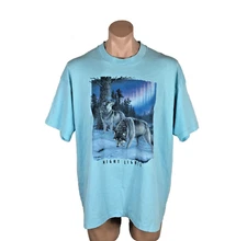 Screen Stars Best Northern Lights " Night Light" Wolf t-shirt Light Blue 2XL VTG