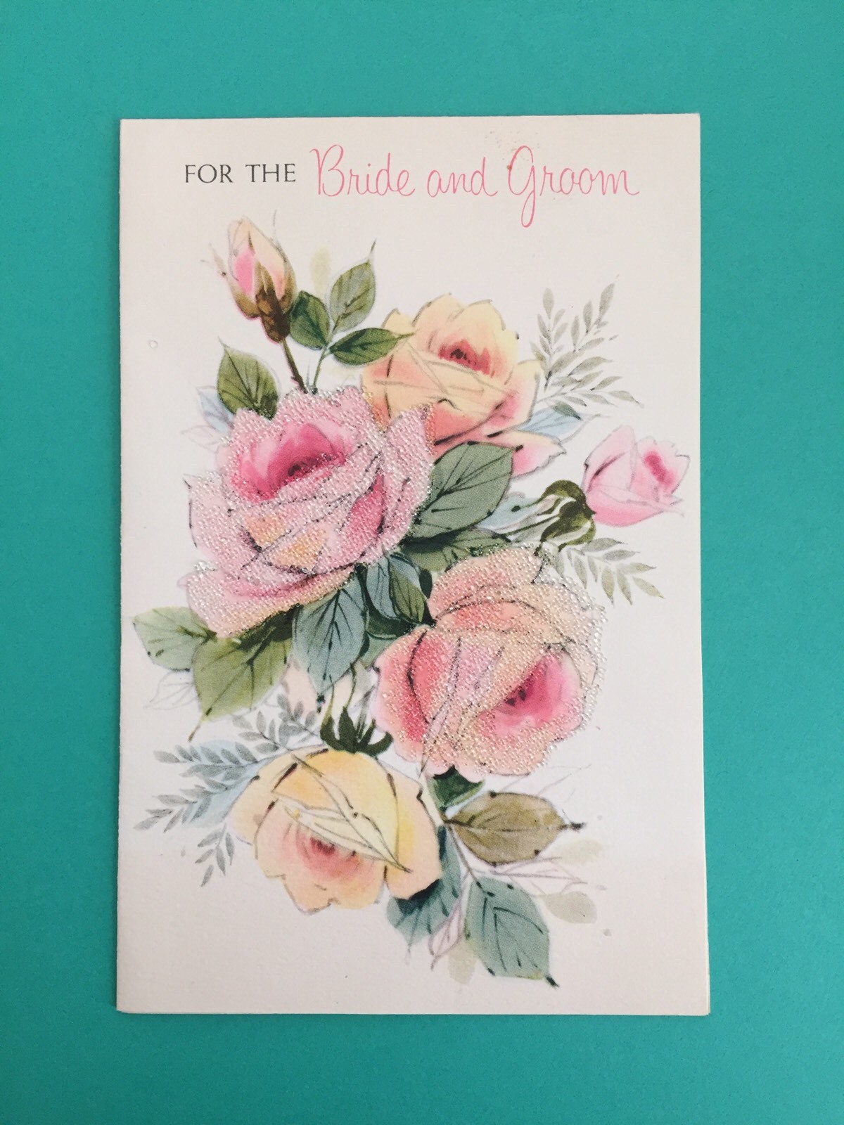Vintage Wedding Greeting Card Bride & Groom Roses Pink Yellow Shimmer ...