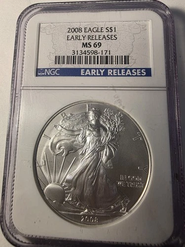 2008 Silver Eagle NGC MS-69 Early Release BLAST WHITE Blue Label- 1 OZ Pure
