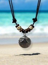 Seashell  Starfish Pendant Necklace - Silver Charm, Black Cord, Brown Beads