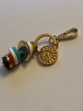 Jimmy Choo Keychain Bag Charm Gold Tone Multicolor Beads Logo Disc Lobster Clasp