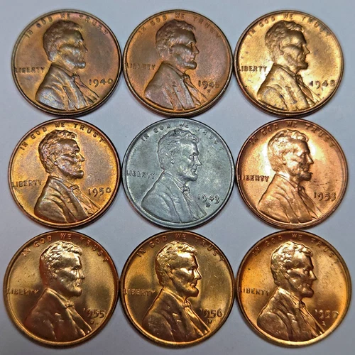 9 Lincoln Wheat Cents Uncirculated/Toned All Different Dates! (Lot#23)