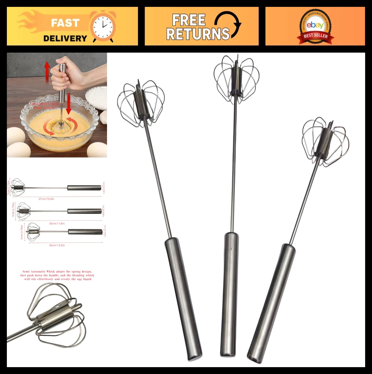 3 Pack Stainless Steel Egg Whisks - Push-Down Hand Mixer for Baking, Beating Egg