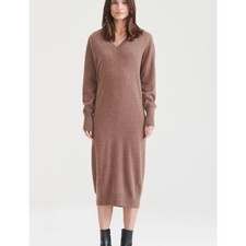 NAADAM Signature Cashmere V-Neck Midi Dress Latte Brown Medium