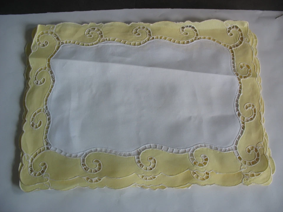 Vintage Set of  Yellow & White  Embroidered Cutwork Placemats Napkins & runner - Image 2 of 4