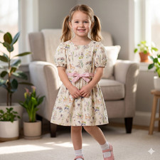 Mini Boden Girls Dog Novelty Print Party Dress 7-8 Linen Cotton Puff Sleeve