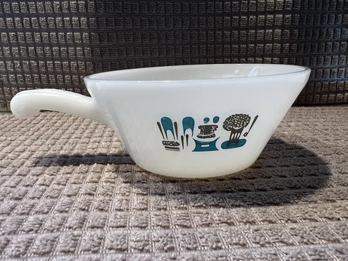 Vintage Anchor Hocking Fire King Royal Blue Heaven Milk Glass Handled Chili Bowl