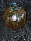 Blenko Art Glass  Pumpkin w/ Green Stem Hand Blown Topaz Amber USA 7” Fall Decor