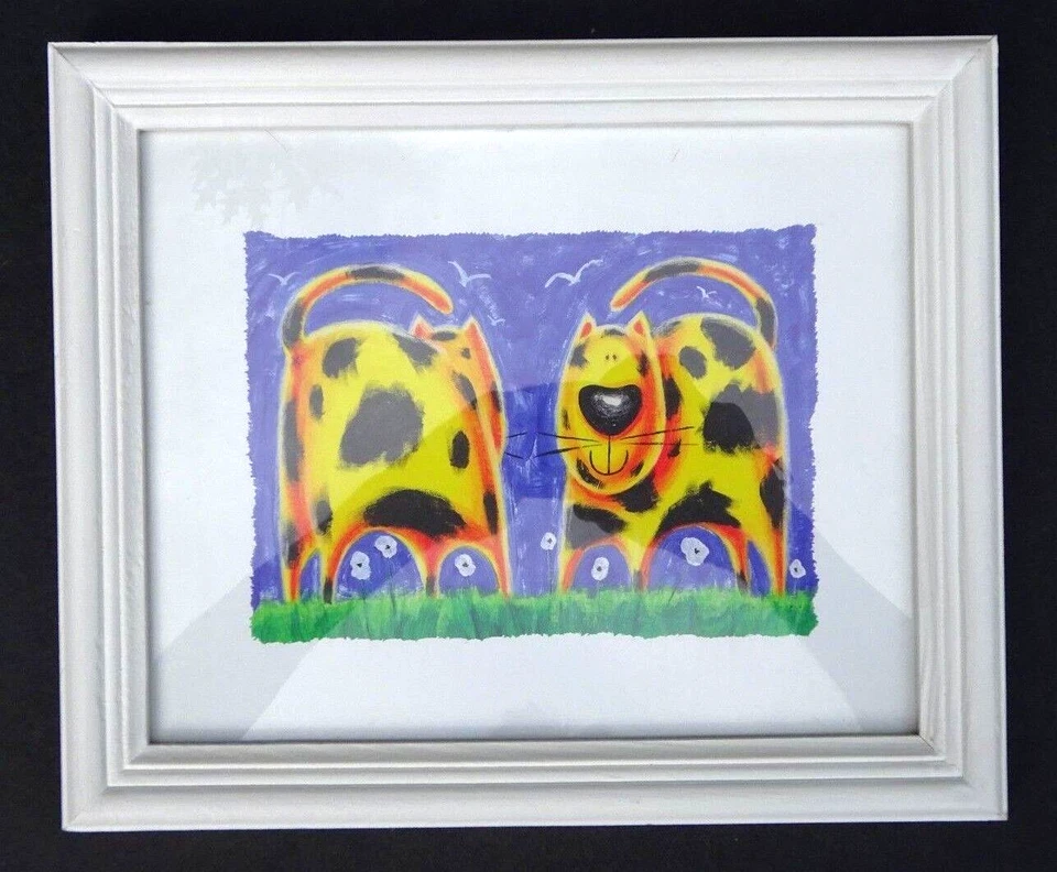 Govinder Nazran Funky Animal LITOGRAFÍAS IMPRESIONES Enmarcadas 2004 Juego de 4 Perro Cerdo Vaca Gato Foto 4 de 4