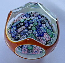 1981H Perthshire Glass Amber Overlay Faceted Millefiori Paperweight Fancy Cut LE