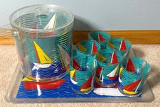 Vintage HJ Stotter Gucki Sailboat Acrylic Ice Bucket Tray 6 Cups Nautical USA