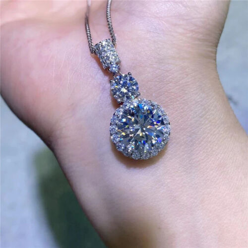 2.80Ct Round Cut Real Moissanite Halo Pendant 14K White Gold Plated Free Chain - Picture 2 of 6