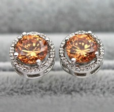 Pretty New 18K White Gold Filled 7mm Champagne Round CZ Stud Earrings