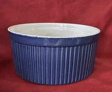 Portugal Over And Back Blue Stoneware Baking Soufflés Dish Ribbed Pattern VTG