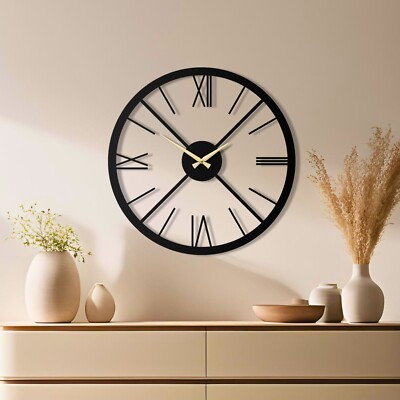 Large Modern Metal Wall Clock, Roman Numeral Silent Non Ticking Wall Clock