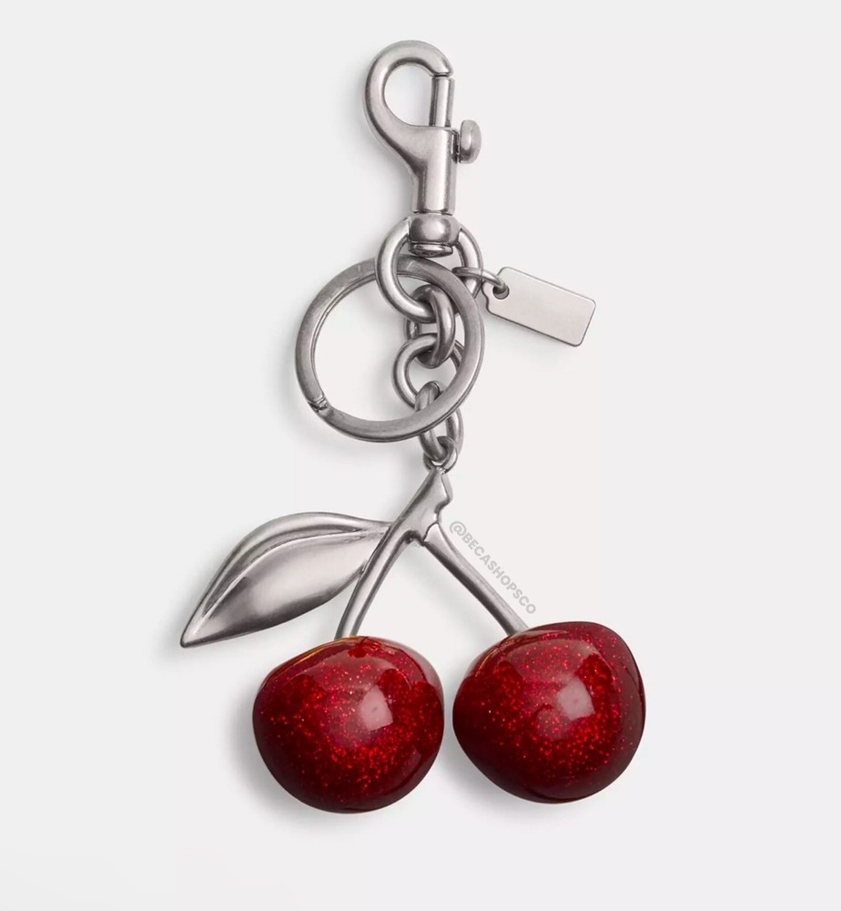 New Cherry Bag Charm Keychain Glitter Resin and Metal Silver Red Apple