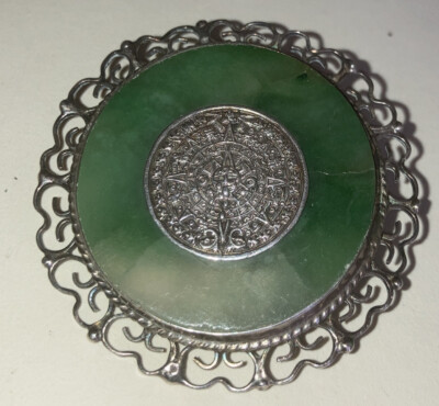 Vintage Mexican Sterling Silver Jade Aztec Mayan Pendant Brooch