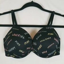 Victorias Secret PINK Wear Everywhere Super Push-Up Bra 32D All Over Logo Black