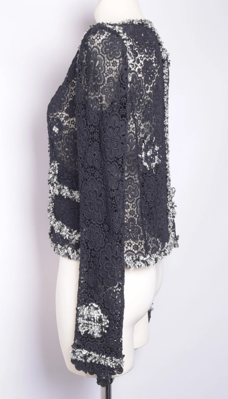 Giacca CHANEL vintage donna nero blazer cotone pizzo floreale maniche lunghe FR 36 S