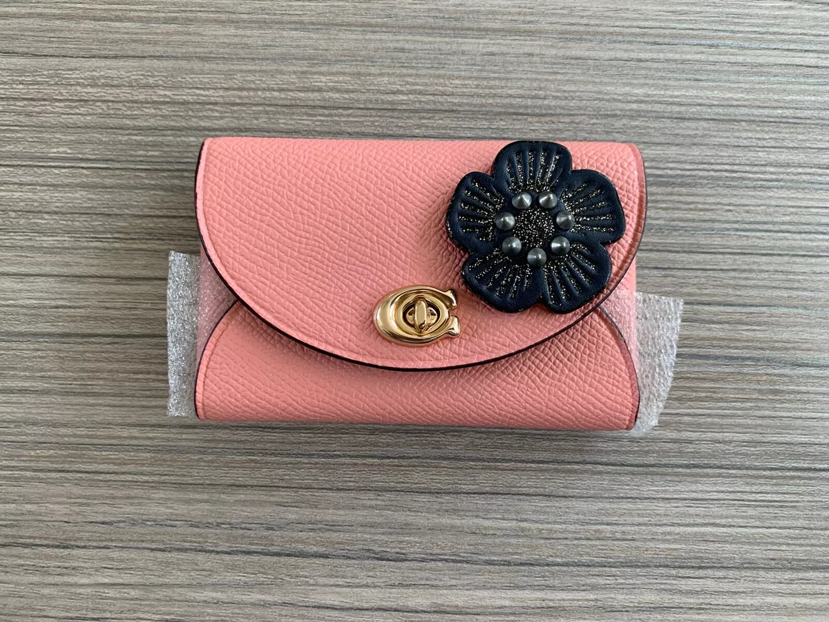 COACH BLACK LEATHER TEA ROSE EMBELLISHED TURNLOCK CARD CASE