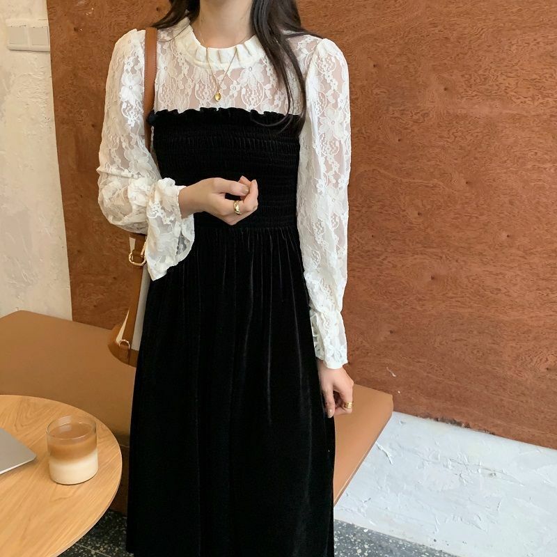 Lady Fairy Dress Lace Hollow Stitching Flared Sleeve Velvet Lolita Retro  Autumn | eBay