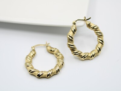 18K Gold Bambus Stil gedrehte Creolen, Gelbgold Hohlband Creolen