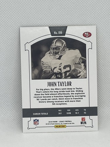 2019 JOHN TAYLOR PANINI LEGACY #106 LEGENDS YELLOW #D/165 SP CARD SF 49ERS - Picture 2 of 2