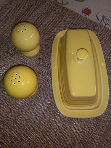 Fiestaware, Butterdish + 2 Shakers, Yellow, Used.