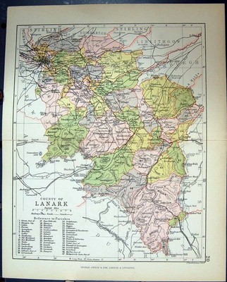 Original alter antiker Druck County Lanark Glasgow Schottland Philips Karte 1882 19.
