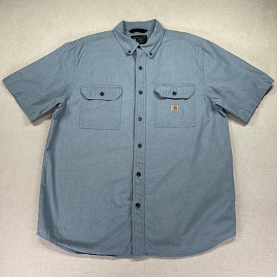 Carhartt Shirt Mens Large Blue Loose Fit Short Sleeve Button Down Workwear